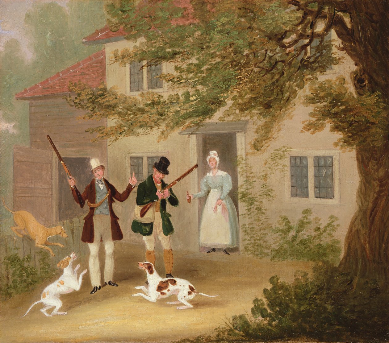 Två idrottare med sina pekpinnar på väg från en stuga, ca 1830 av James Pollard