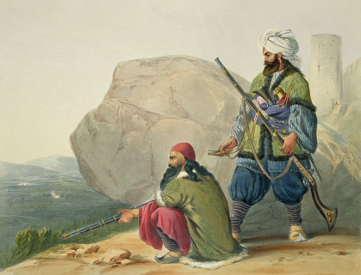Afghauniska fotsoldater i vinterdräkt, med ingången till Urgundehs dal, tavla 11 från "Scenery, Inhabitants and Costumes of Afghanistan", graverad av Robert Carrick (c.1829-1904) 1848 (l av James Rattray