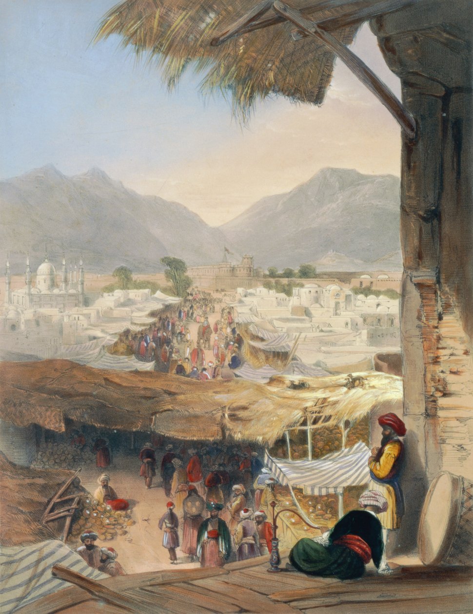 Staden Kandahar, dess främsta basar och citadell, taget från Nakarra Khauneh, eller Royal Band Room, platta 28 från "Scenery, Inhabitants and Costumes of Afghanistan", graverad av Robert Carrick (c. av James Rattray