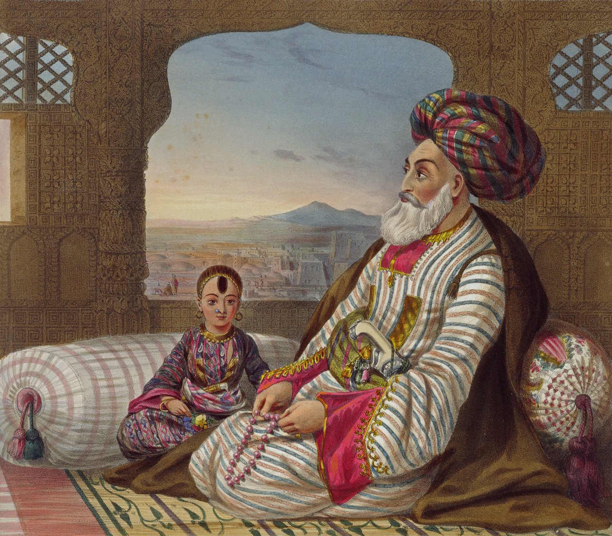 Dost Mahommed (1793-1863) kung av Caubul och hans yngsta son, tavla 2 från "Scenery, Inhabitants and Costumes of Afghanistan", graverad av E. Walker, 1848. av James Rattray