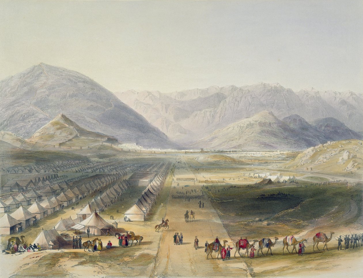Kandahar-arméns läger under general Nott utanför Caubuls murar vid britternas evakuering av Afghanistan, platta 5 från "Scenery, Inhabitants and Costumes of Afghanistan", engra av James Rattray