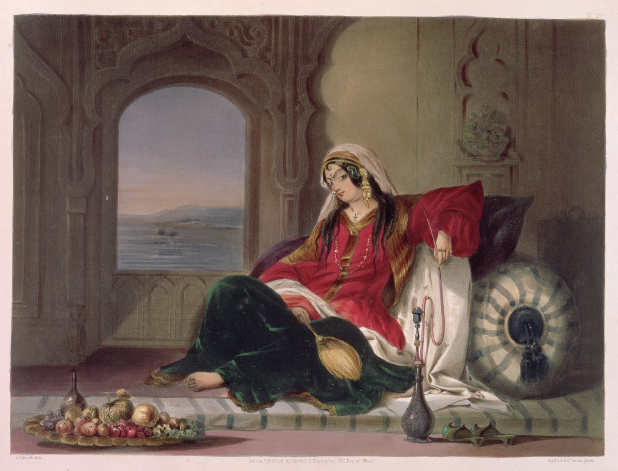 Kandahar Lady of Rank, Engaged in Smoking, platta 29 från "Scenery, Inhabitants and Costumes of Afghanistan", graverad av Robert Carrick (c.1829-1904) 1848 av James Rattray