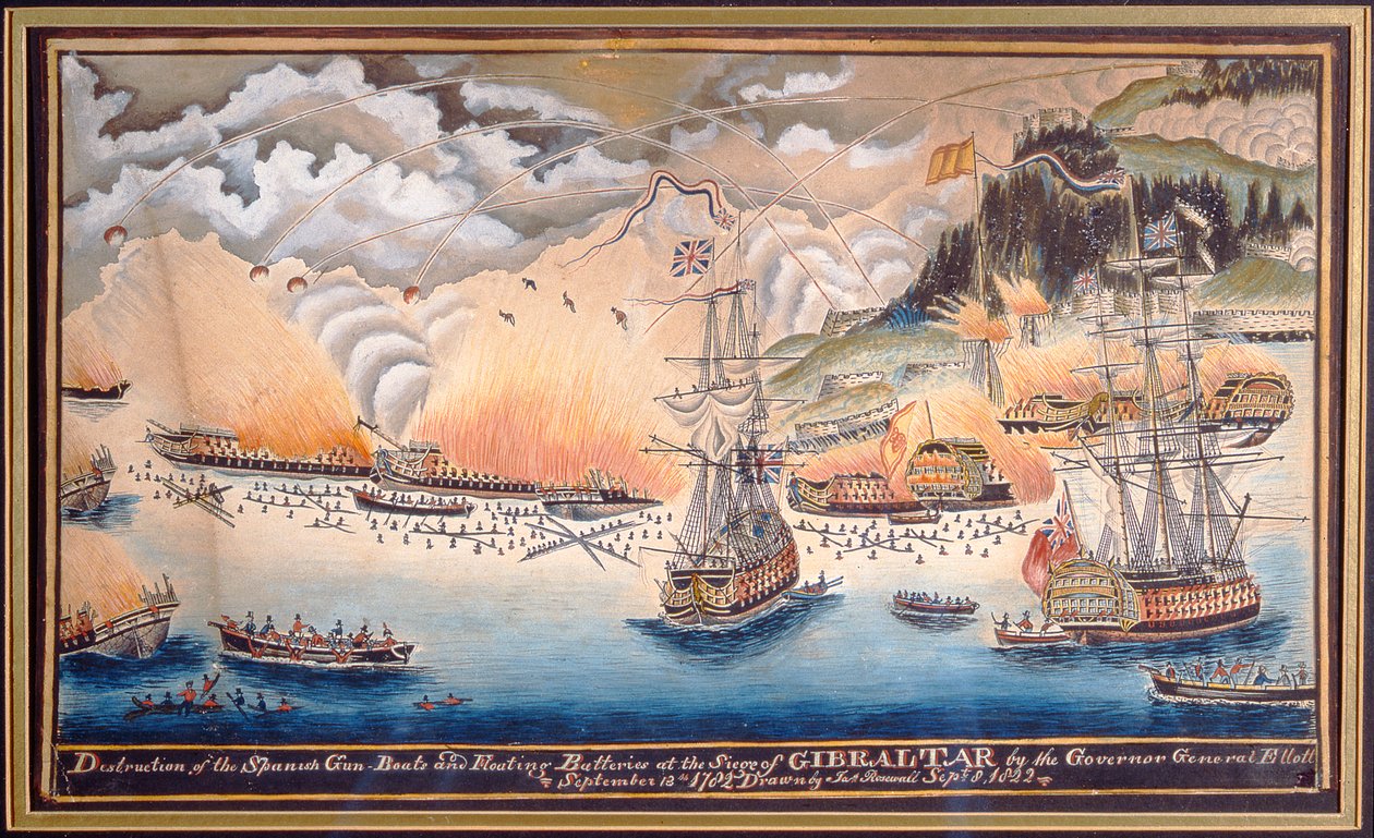 Förstörelsen av de spanska vapenbåtarna och flytande batterierna vid belägringen av Gibraltar av generalguvernören Eliott, 13 september 1782, 1822 (penna och wc) av James Rosewall