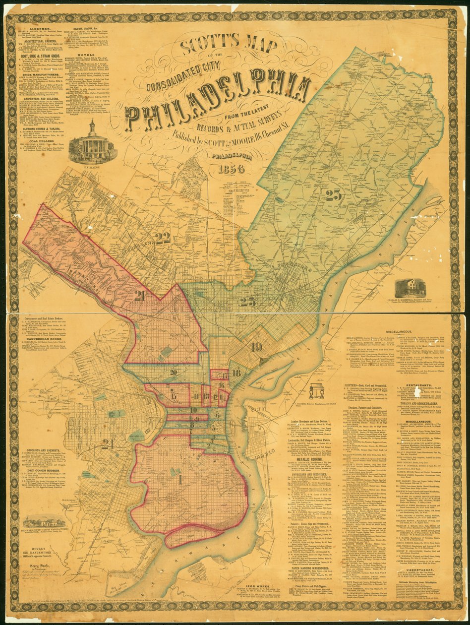 Scotts karta över den konsoliderade staden Philadelphia, 1856 (handfärgad gravyr) av James F. Scott