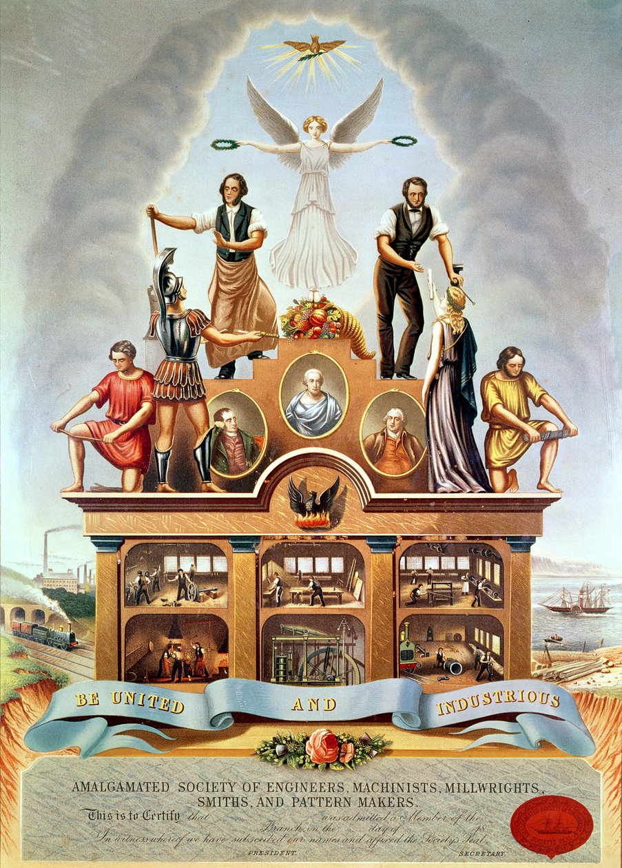 Trade Emblem of the Amalgamated Society of Engineers, Machinists, Millwrights, Smiths and Pattern Makers, graverad av George Greatbach, 1852 av James Sharples