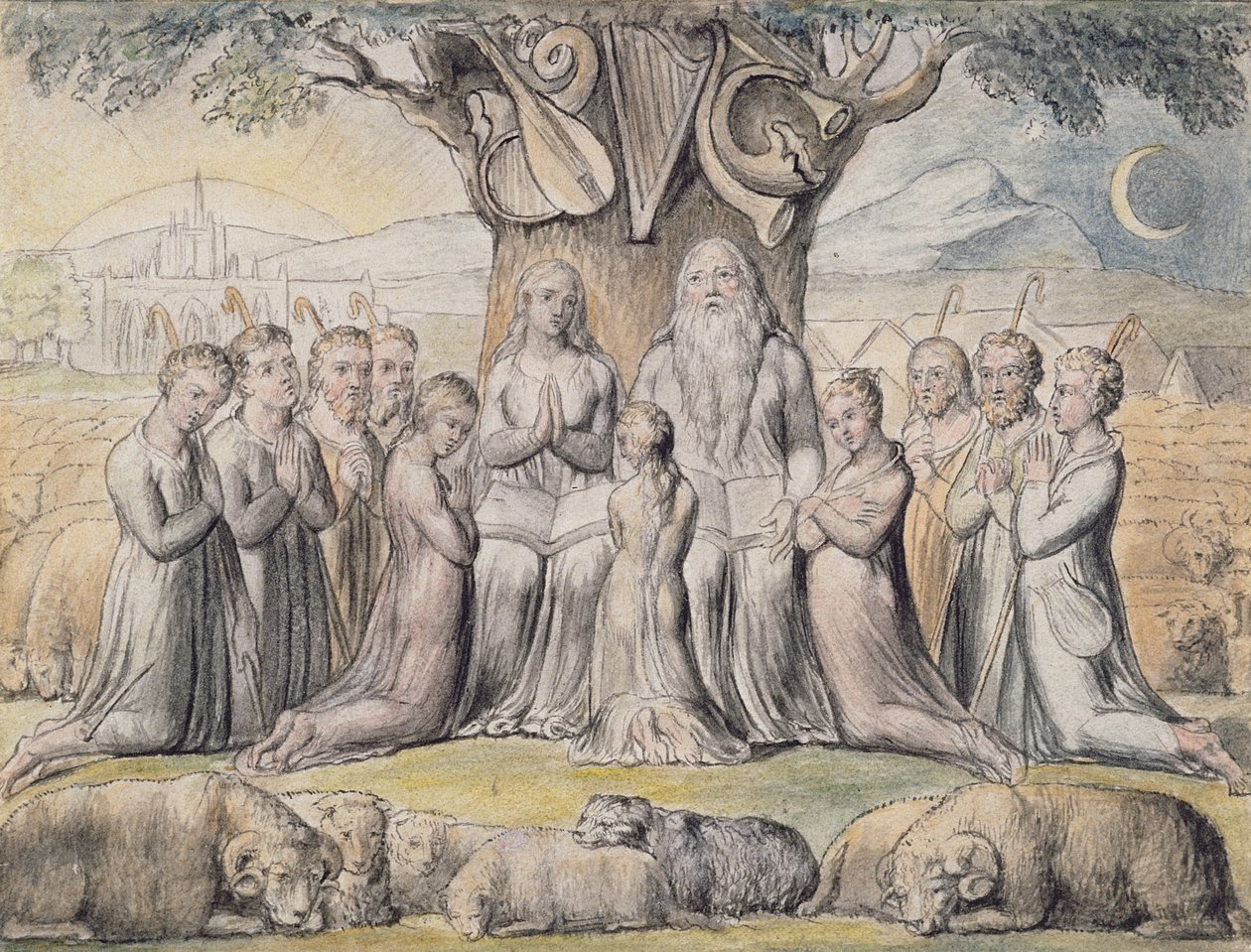 Illustrationer från Jobs bok, pl.2 (sida 1): Job och hans familj, efter William Blake (1757-1827) (penna och bläck och wc) av James Thomas Linnell