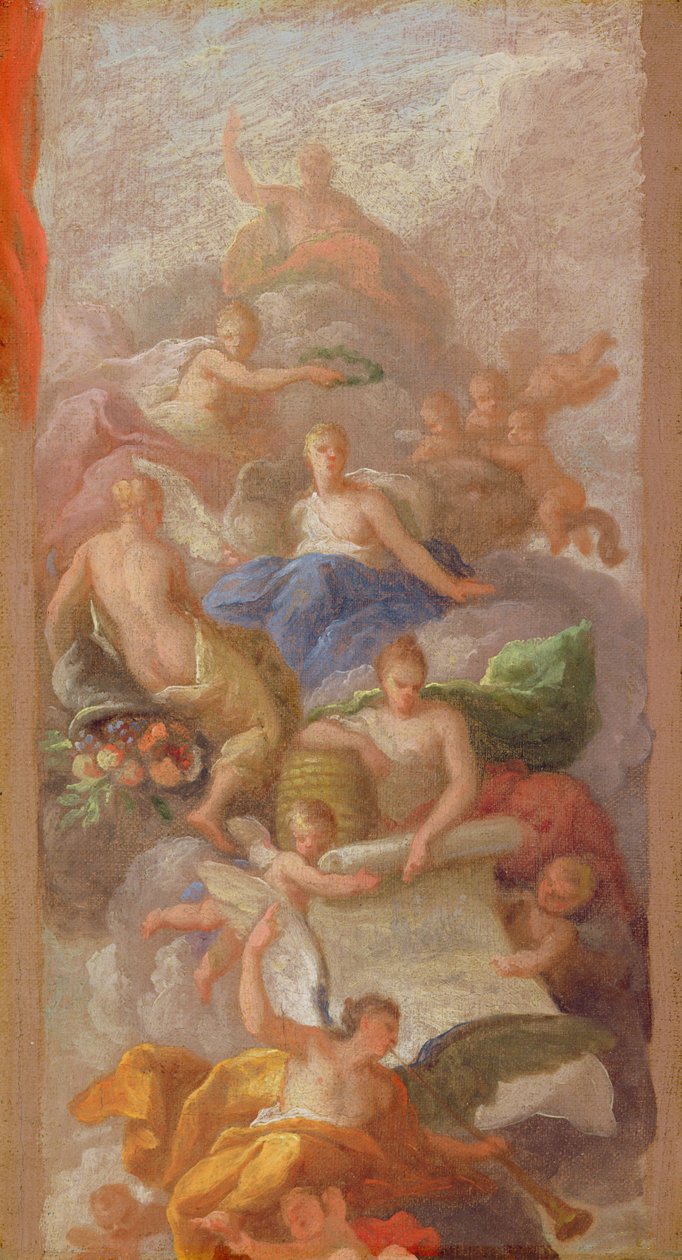 En skiss av tacksamhet krönt av fred, med andra allegoriska figurer av industri, berömmelse och överflöd, ca 1712-13 av James Thornhill