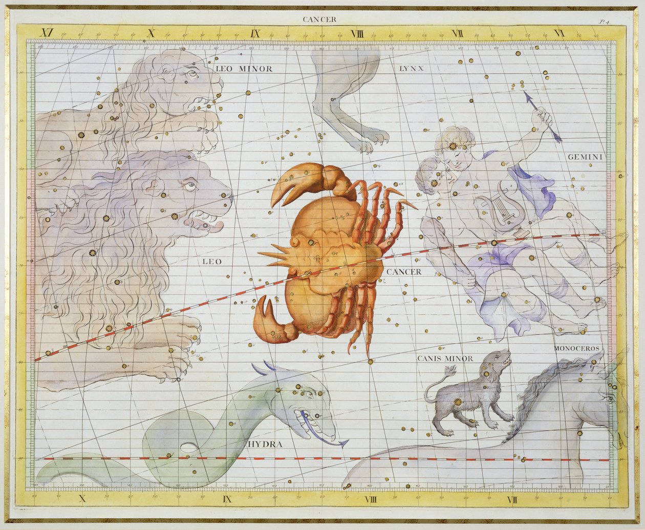 Kräftans stjärnbild, tavla 4 från "Atlas Coelestis", av John Flamsteed (1646-1710), publicerad 1729 (handkolorerad gravyr). av James Thornhill