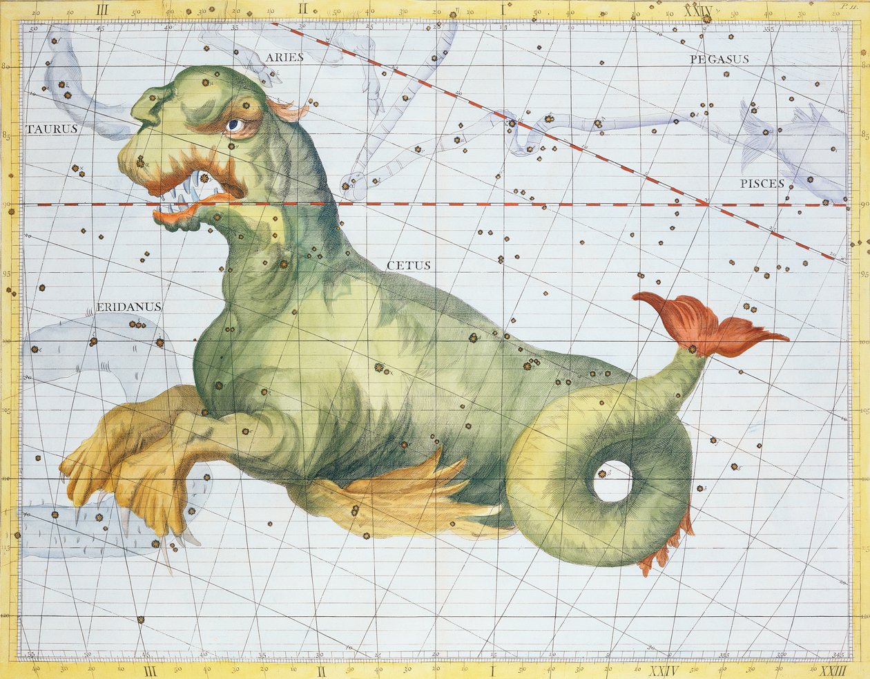 Valens stjärnbild Cetus, från "Atlas Coelestis" av John Flamsteed (1646-1719), publicerad 1729 (handkolorerat gravyr). av James Thornhill