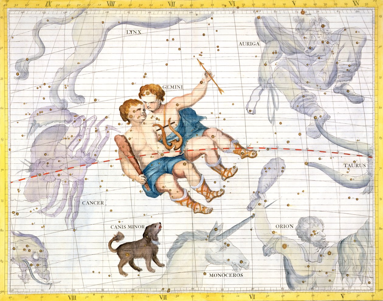 Stjärnbilden Gemini med Canis Minor, tavla 13 från "Atlas Coelestis", av John Flamsteed (1646-1710), publicerad 1729 (handkolorerad gravyr). av James Thornhill