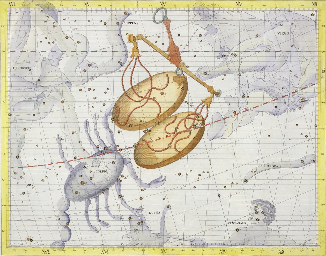 Konstellationen Libra, tavla 7 från "Atlas Coelestis" av John Flamsteed (1646-1710), publicerad 1729 (handkolorerad gravyr). av James Thornhill