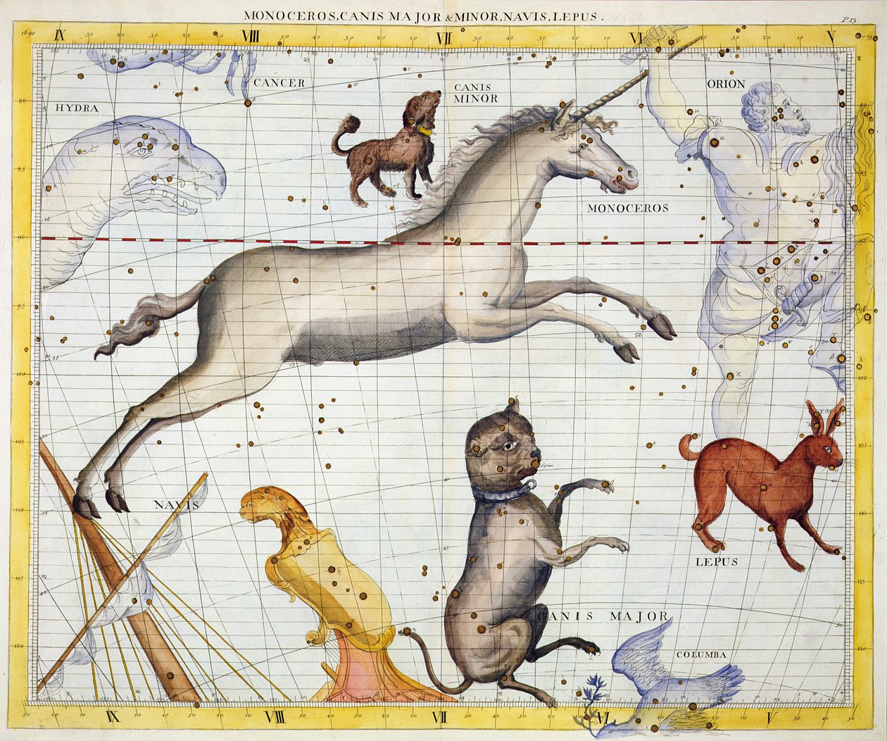 Stjärnbilden Monoceros med Canis Major och Canis Minor, tavla 13 från Atlas Coelestis av John Flamsteed (1646-1710), publicerad 1729 (handkolorerad gravyr). av James Thornhill