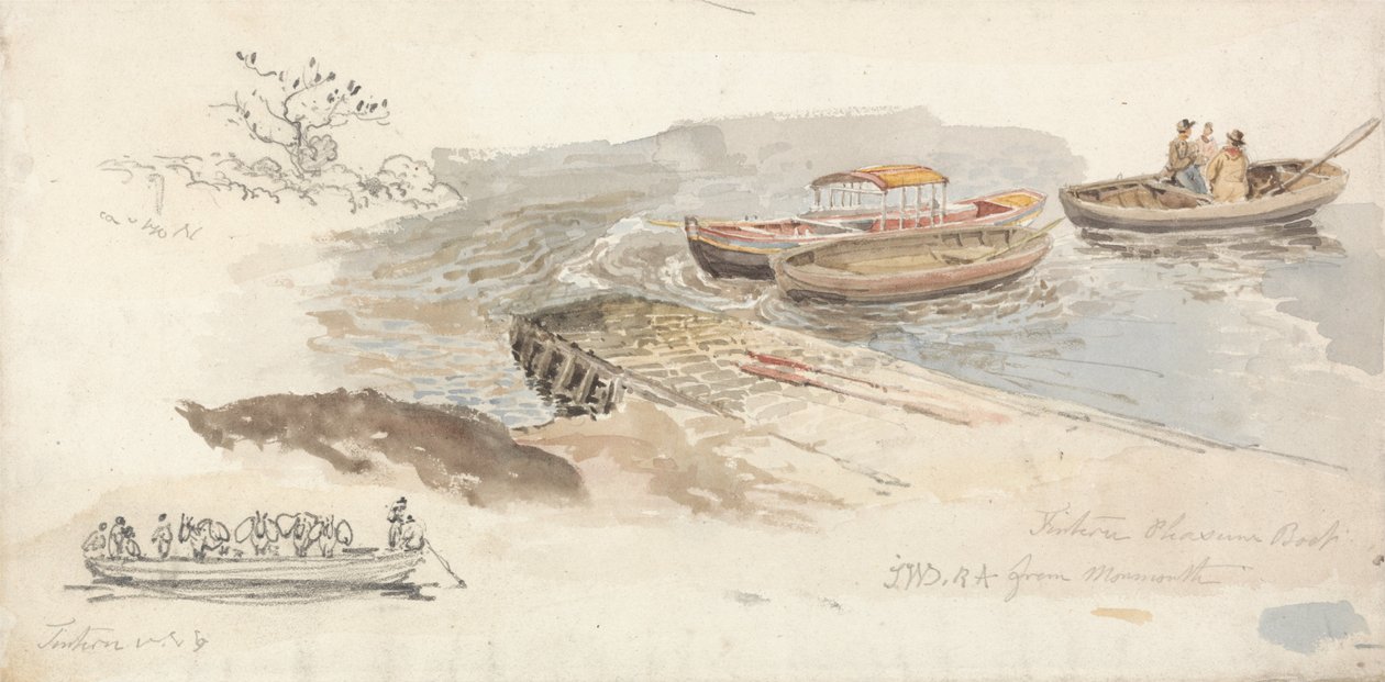 En kapellbåt och två roddbåtar vid en brygga; Inset Left, a Pencil Study of the Tintern Boskap ... av James Ward