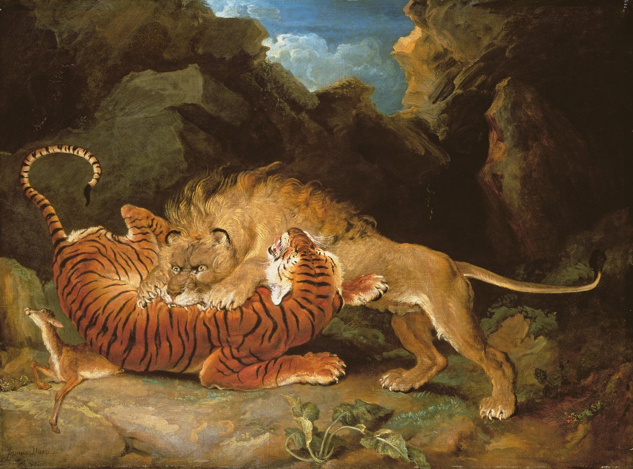 Kampen mellan ett lejon och en tiger, 1797 av James Ward