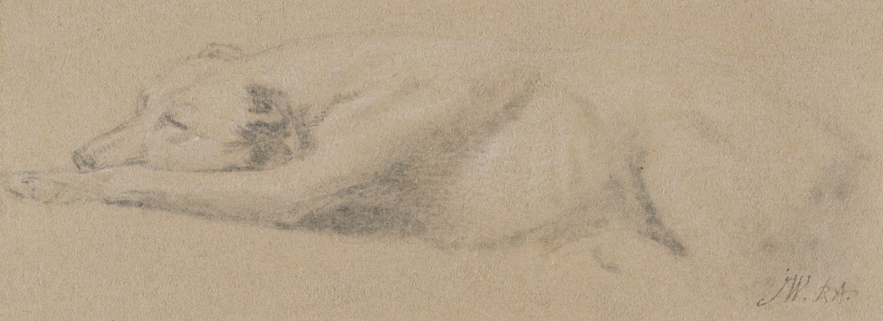 Studie av en sovande hund (svart krita på gulfärgat papper) av James Ward