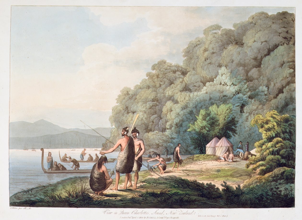 Utsikt i Queen Charlotte Sound, Nya Zeeland, från Views in the South Seas, 1809 (handfärgad akvatint) av James Webber