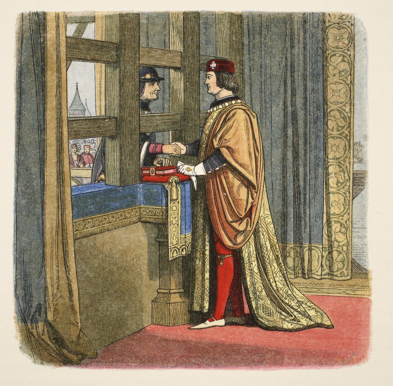Mötet mellan Edvard IV och Ludvig XI av Frankrike i Pecquigny den 29 augusti 1475, från A Chronicle of England BC 55 to AD 1485, pub. London, 1863 av James William Edmund Doyle