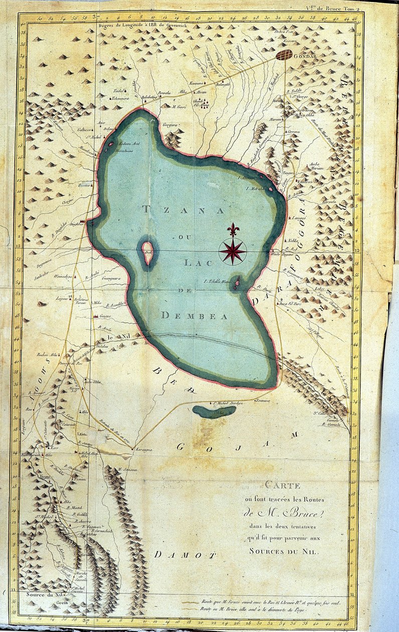 Karta över området kring sjön Tzana eller Dembeasjön (M. Bruce rutter i sina två försök att nå Nilens källor) - i "Journey to Nubia and Abyssinia undertaken to discover the sources of the Nile during the years 1768 to 1772", av James Bruce, vo av James Bruce