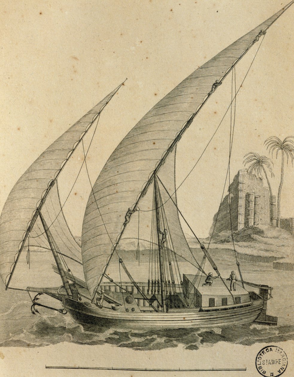 Segelbåt från Nubia, Egypten, gravyr från Cartes et figures du Voyage en Nubia et en Abyssinia, James Bruce av James Bruce
