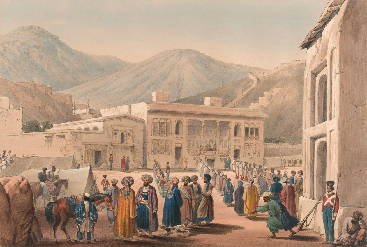 The Durbar-Khaneh of Shah Shoojah-ool-Moolk, vid Cabaul [sic], ca 1840 (litografi, tonad) av James (after) Atkinson