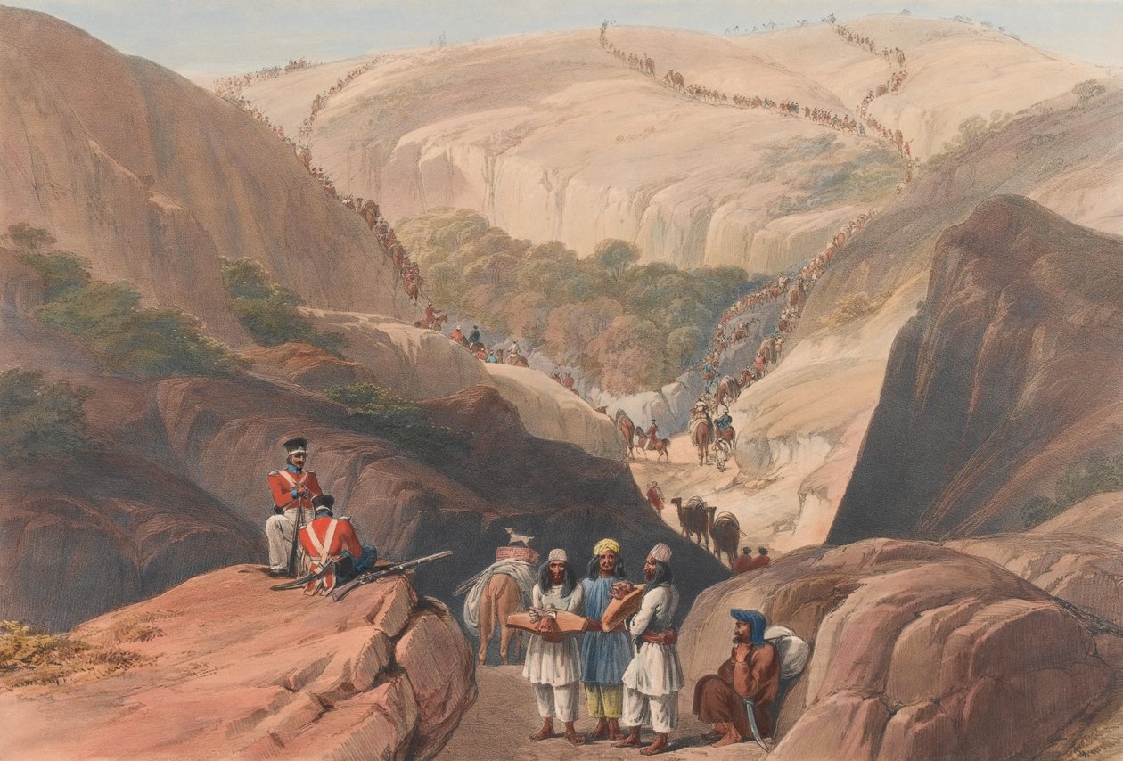 The First Descent through the Koojah [sic] Pass, c.1839 (litografi, tonad) av James (after) Atkinson