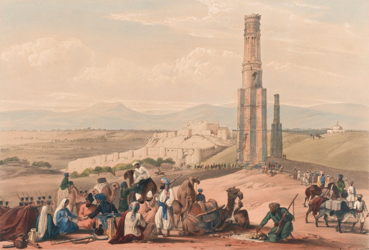Ghuznees fästning och citadal [sic] och de två minarerna, ca 1839 (litografi, tonad) av James (after) Atkinson