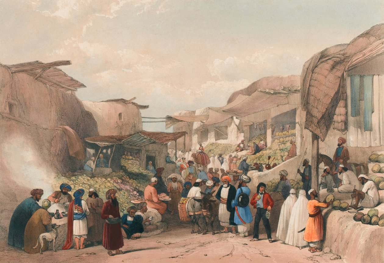 The Main Street in the Bazaar at Caubul in the Fruit Season, ca 1839 (litografi, tonad) av James (after) Atkinson