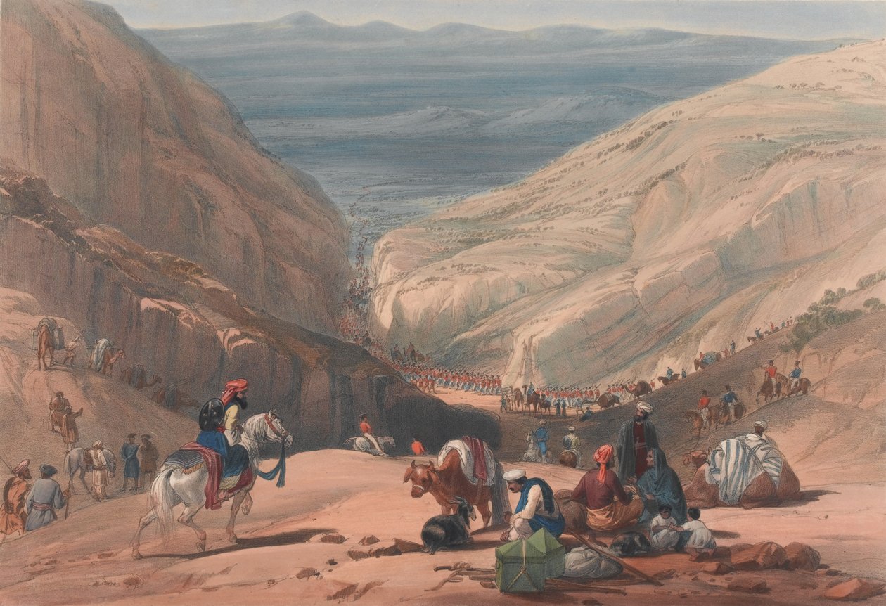 The Second Descent through the Koojah [sic] Pass, ca 1839 (litografi, tonad) av James (after) Atkinson