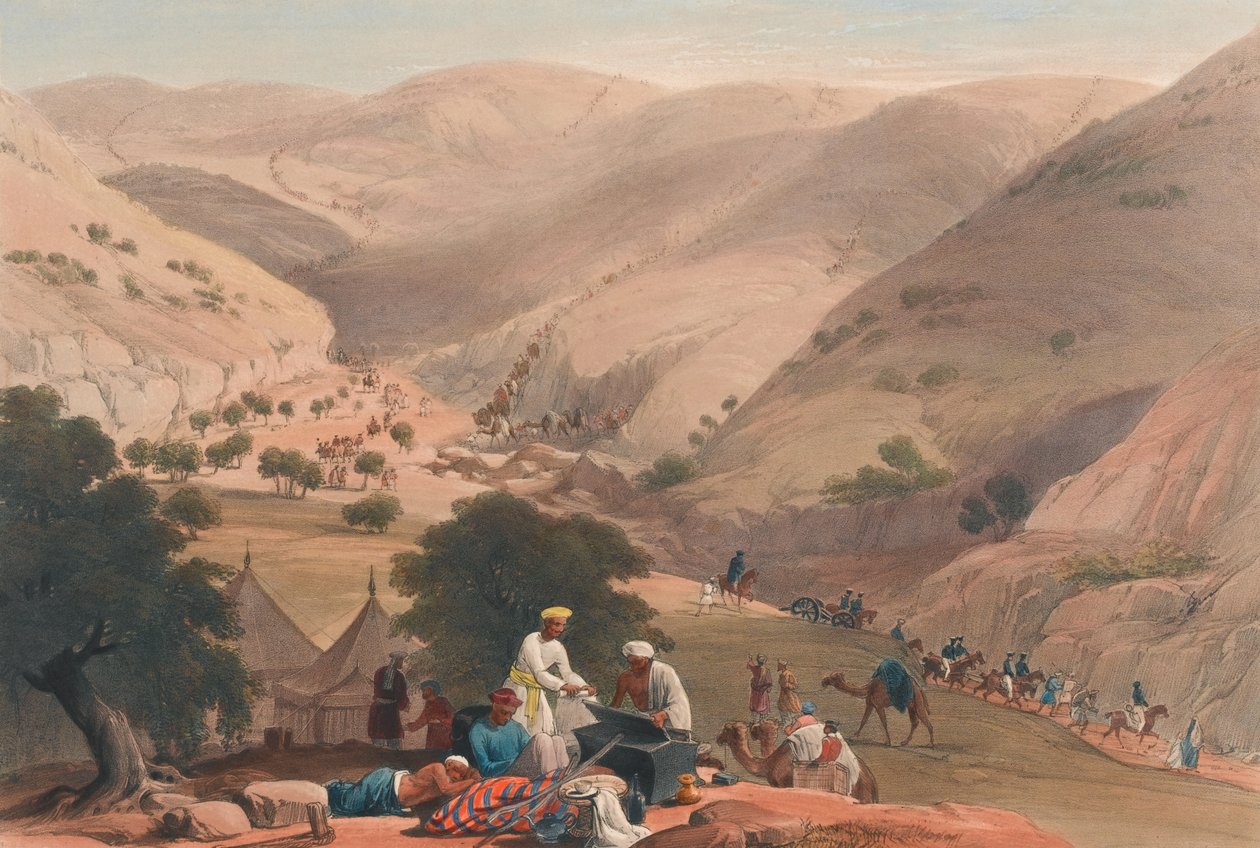 The Third Descent of the Koojah [sic] Pass, c.1839 (litografi, tonad) av James (after) Atkinson