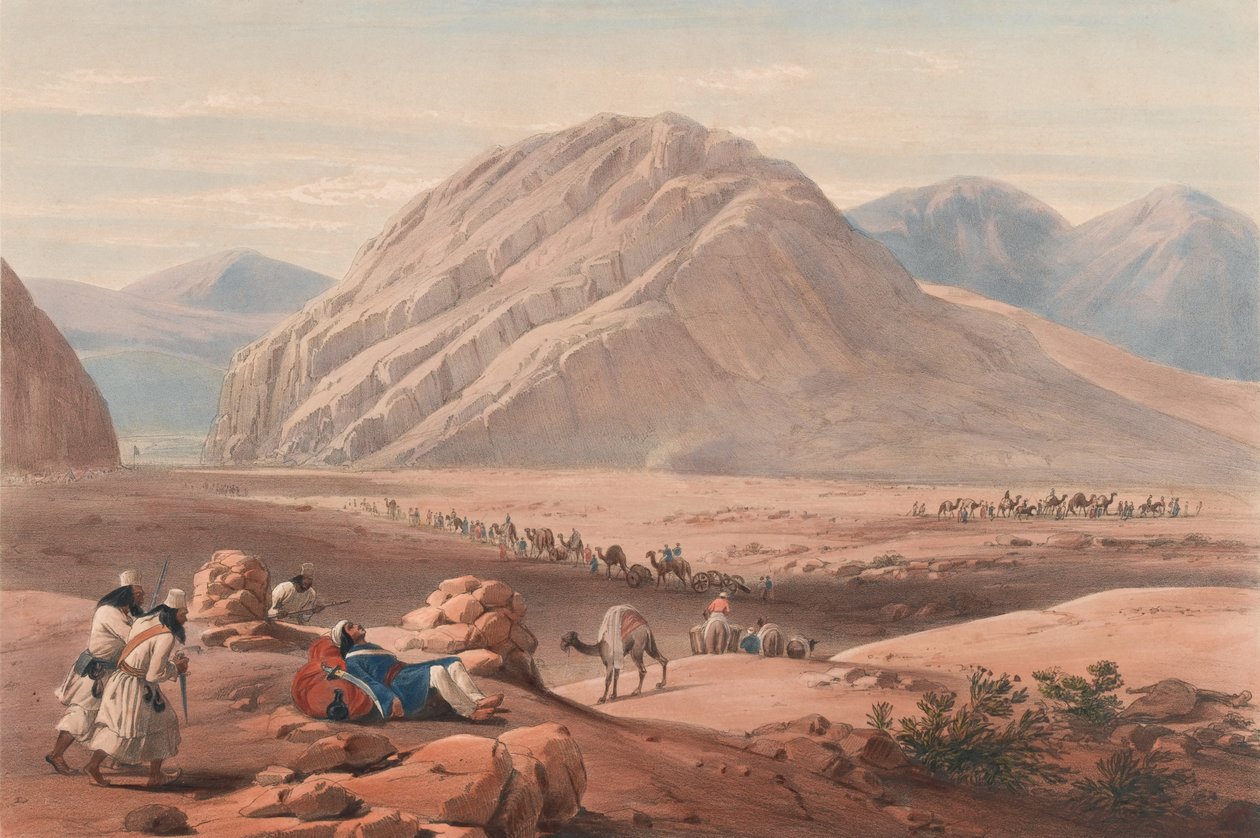 Utsikt över berget Baba-Naunee, ca 1839 (litografi, tonad) av James (after) Atkinson