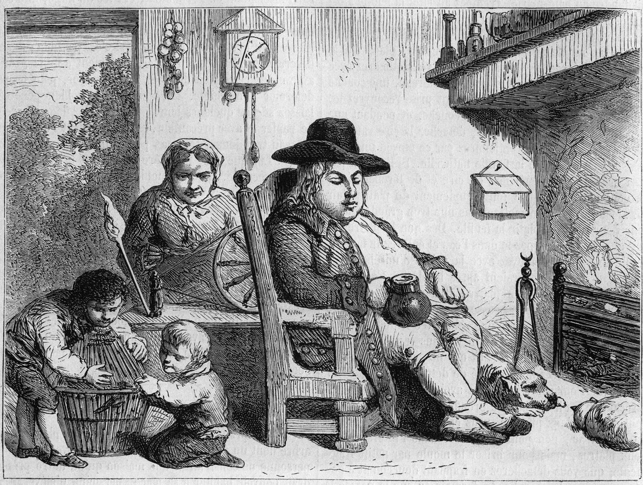 John Bull glad: John Bull (karaktär av typisk engelska, symbol för England) hemma med sin fru och sina barn. Gilbert gravyr efter Gillray. I "" Le Magasin pittoreska"" av James (after) Gillray