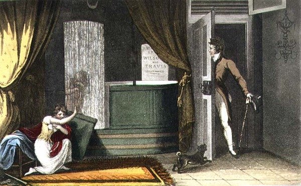 Duschbad, platta från "Poetical Sketches of Scarborough", graverad av Joseph Constantine Stadler (fl.1780-1812) pub. 1813 (färglitografi) av James (after) Green