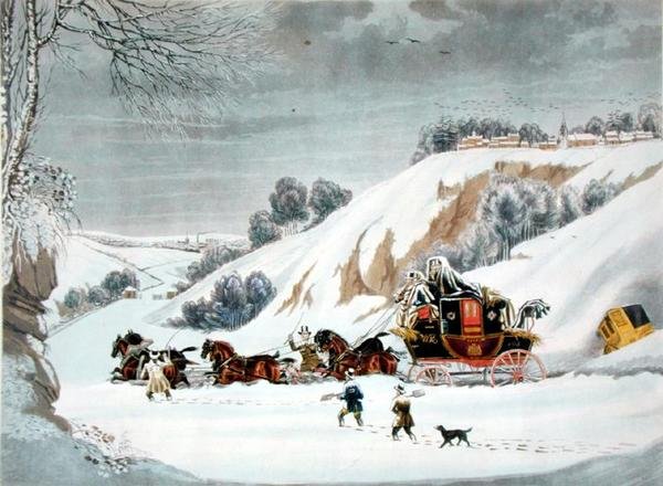 A Mail in Deep Snow, graverad av George Hunt (färg litho) av James (after) Pollard