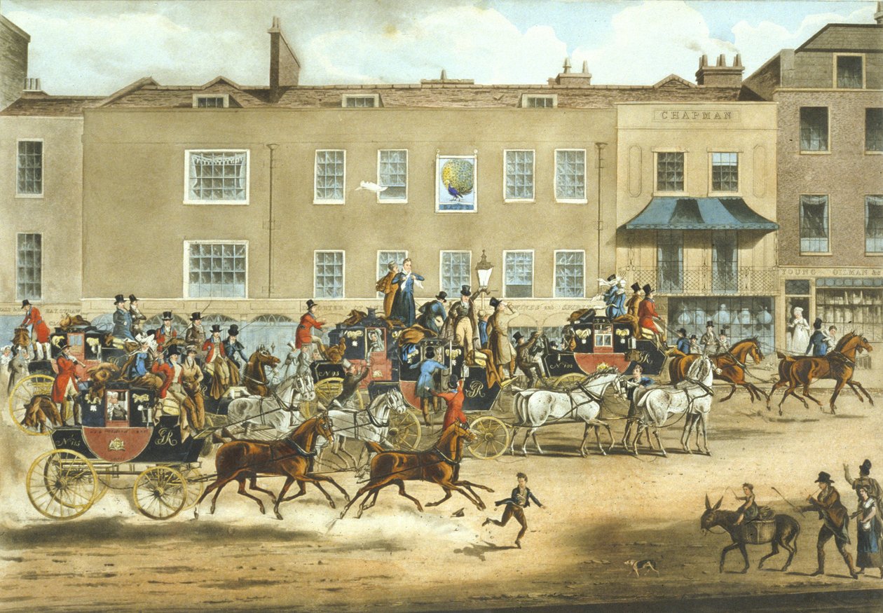 North Country Mails på The Peacock, Islington (färg litho) av James (after) Pollard