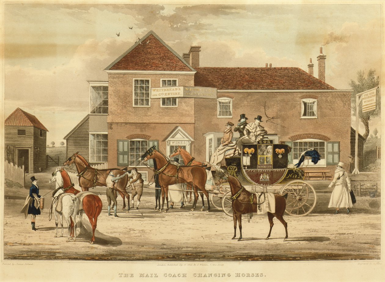 The Mail Coach Changing Horses, ca 1825 (gravyr) av James (after) Pollard