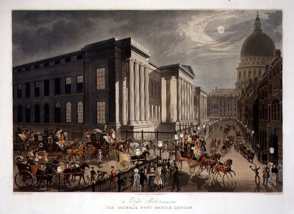 The Royal Mails Starting from the General Post Office, London, graverad av R. G. Reeves (fl.1811-37), pub. av Thomas McLean av James (after) Pollard