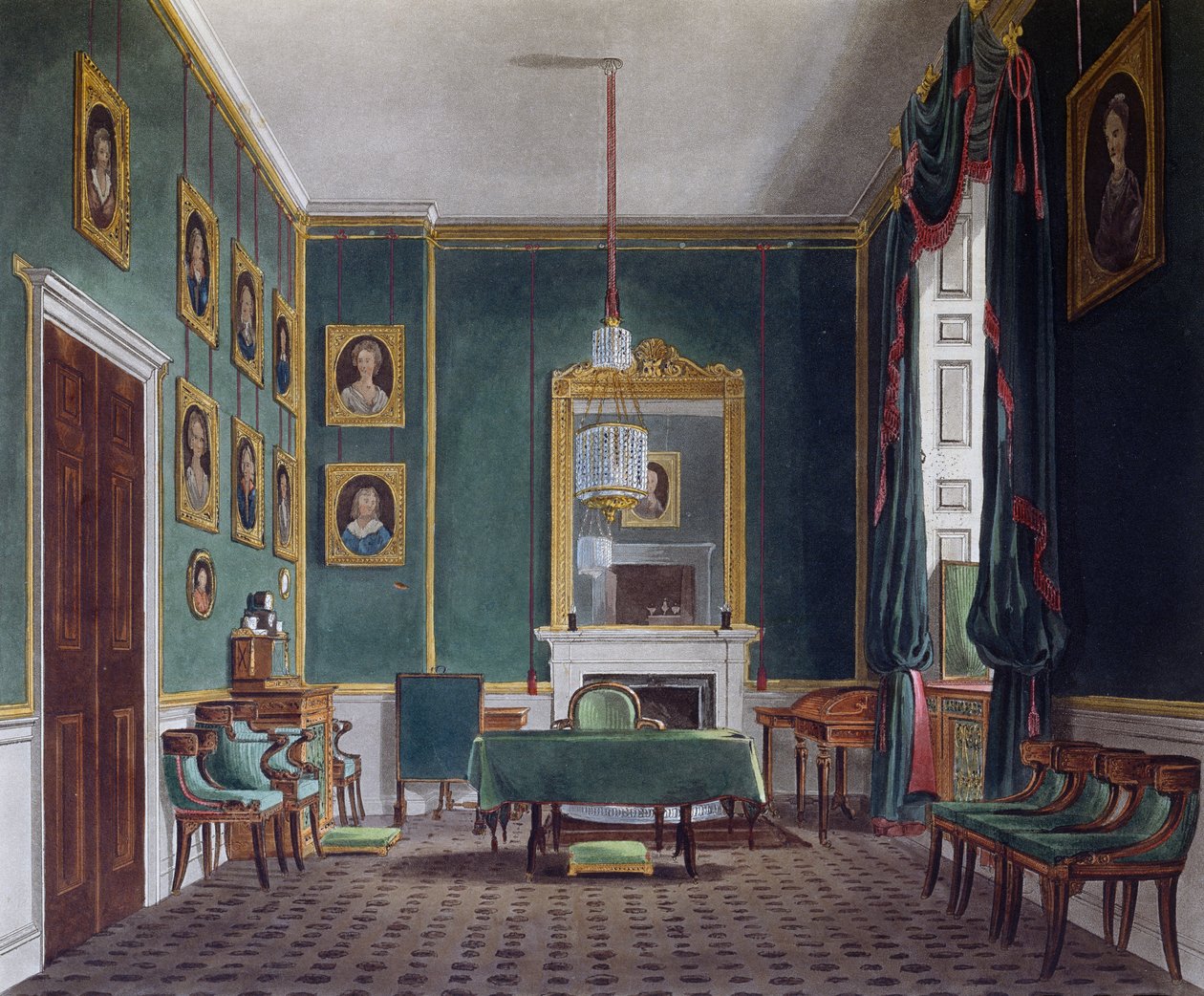 Grönt indragningsrum, Gravyr av Daniel Havell (1785-1826), Baserat på design av James Stephanoff (ca 1788-1874), Från The History of the Royal Residences av James (after) Stephanoff