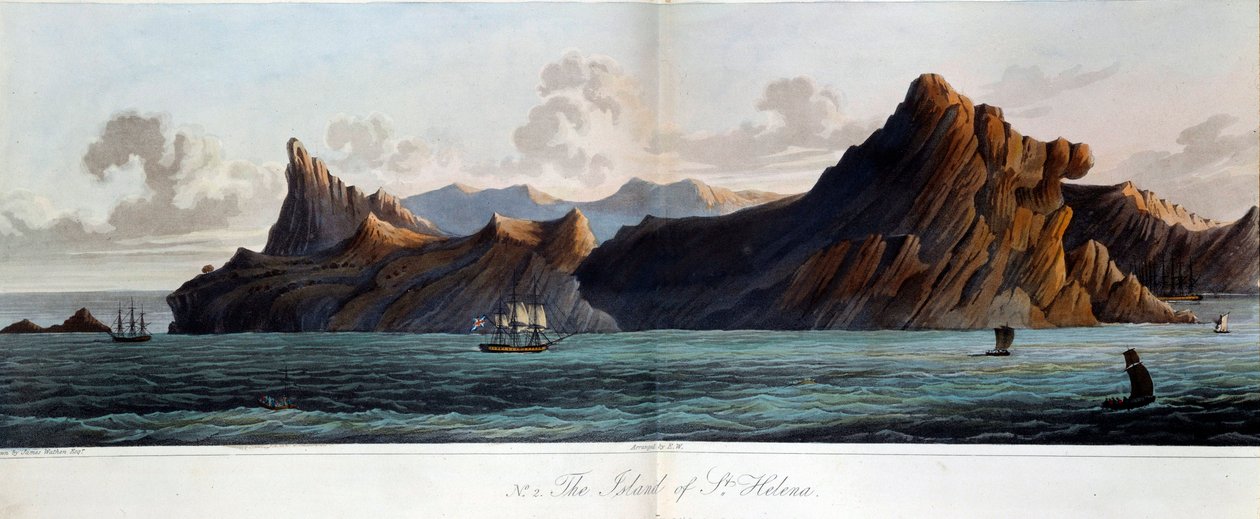 Utsikt över ön Sainte Helene (Sainte-Helene) på 1800-talet. Akvarell av James Wathen (d. 1828) Paris, Musee de l
