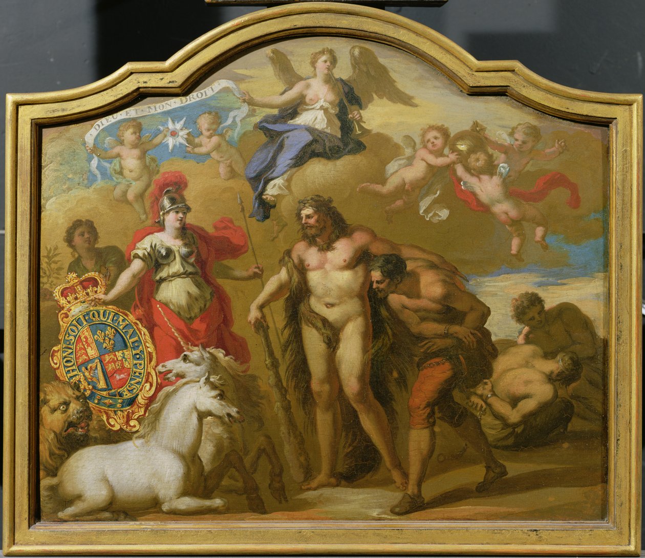 Allegory of the Power of Great Britain by Land, design för en dekorativ panel för George I:s ceremoniella tränare, ca 1718 (olja på panel) av James (attr. to) Thornhill