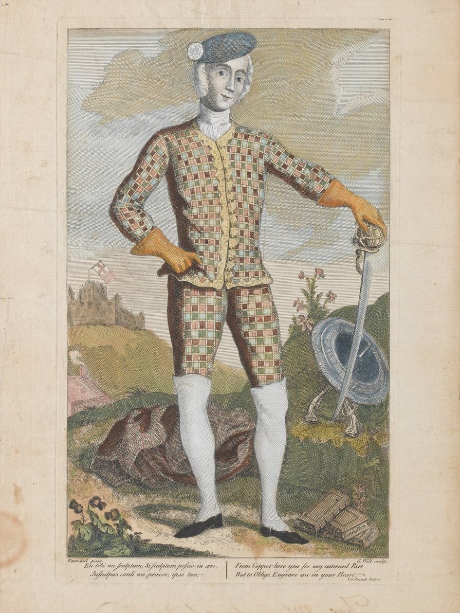 Prins Charles Edward Stuart (färgad gravyr) av James (c.1692 1767) (after) Wasdail