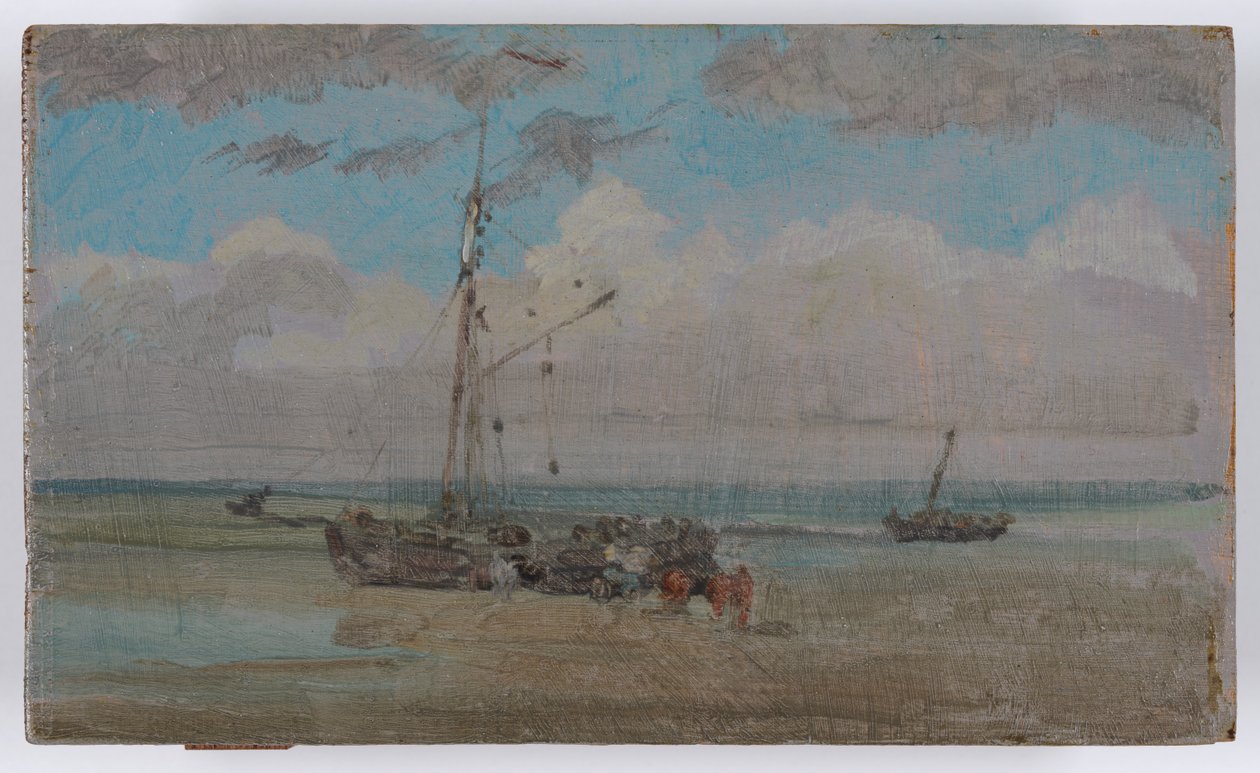 Blå och grå: Lossning, ca 1883-84 (olja på träpanel) av James Abbott McNeill Whistler