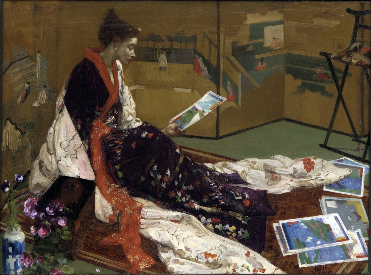""Caprice i lila och guld: den gyllene skärmen"" Ung kvinna klädd i japansk stil i kimono, tittar på tryck - (japanism) Målning av James Abbott McNeill Whistler (1834-1903) 1864 Freer Gallery of Art, Washington USA av James Abbott McNeill Whistler
