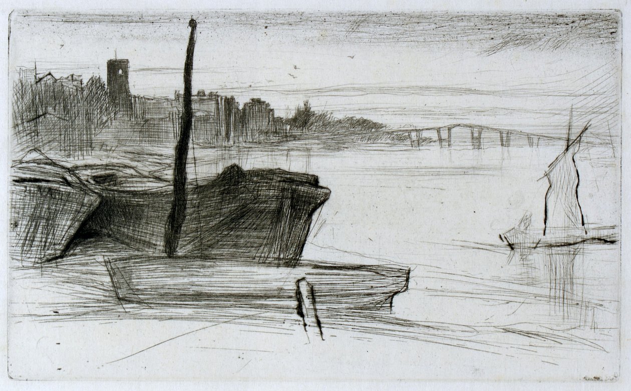 Chelsea Bridge och kyrkan av James Abbott McNeill Whistler