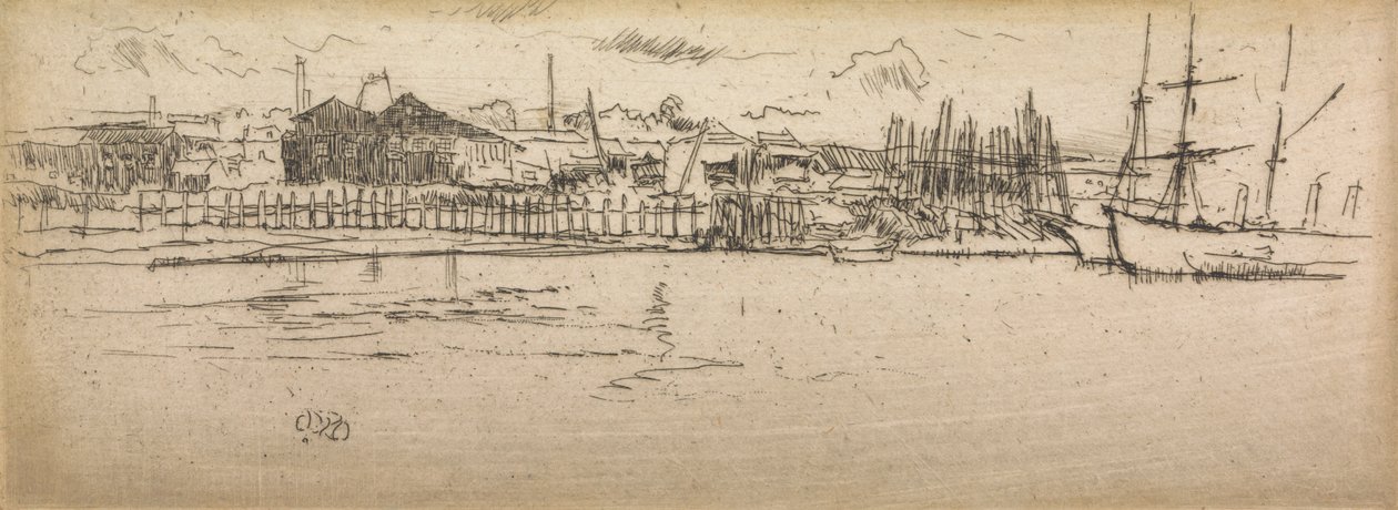 Dry-Dock, Southampton, från en serie av tolv etsningar med titeln The Naval Review, 1887. av James Abbott McNeill Whistler