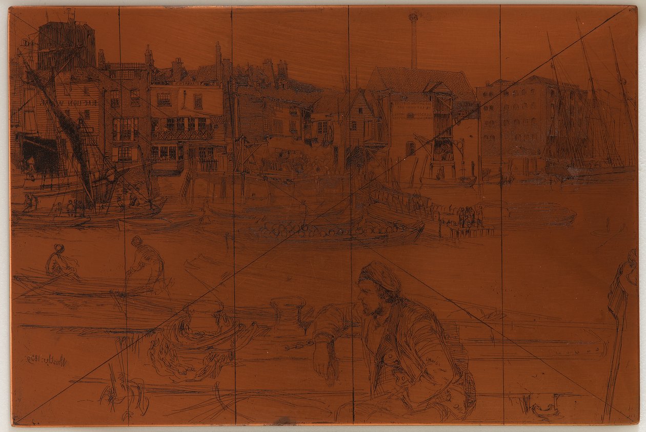 Etsningsplatta: Black Lion Wharf, 1859. av James Abbott McNeill Whistler