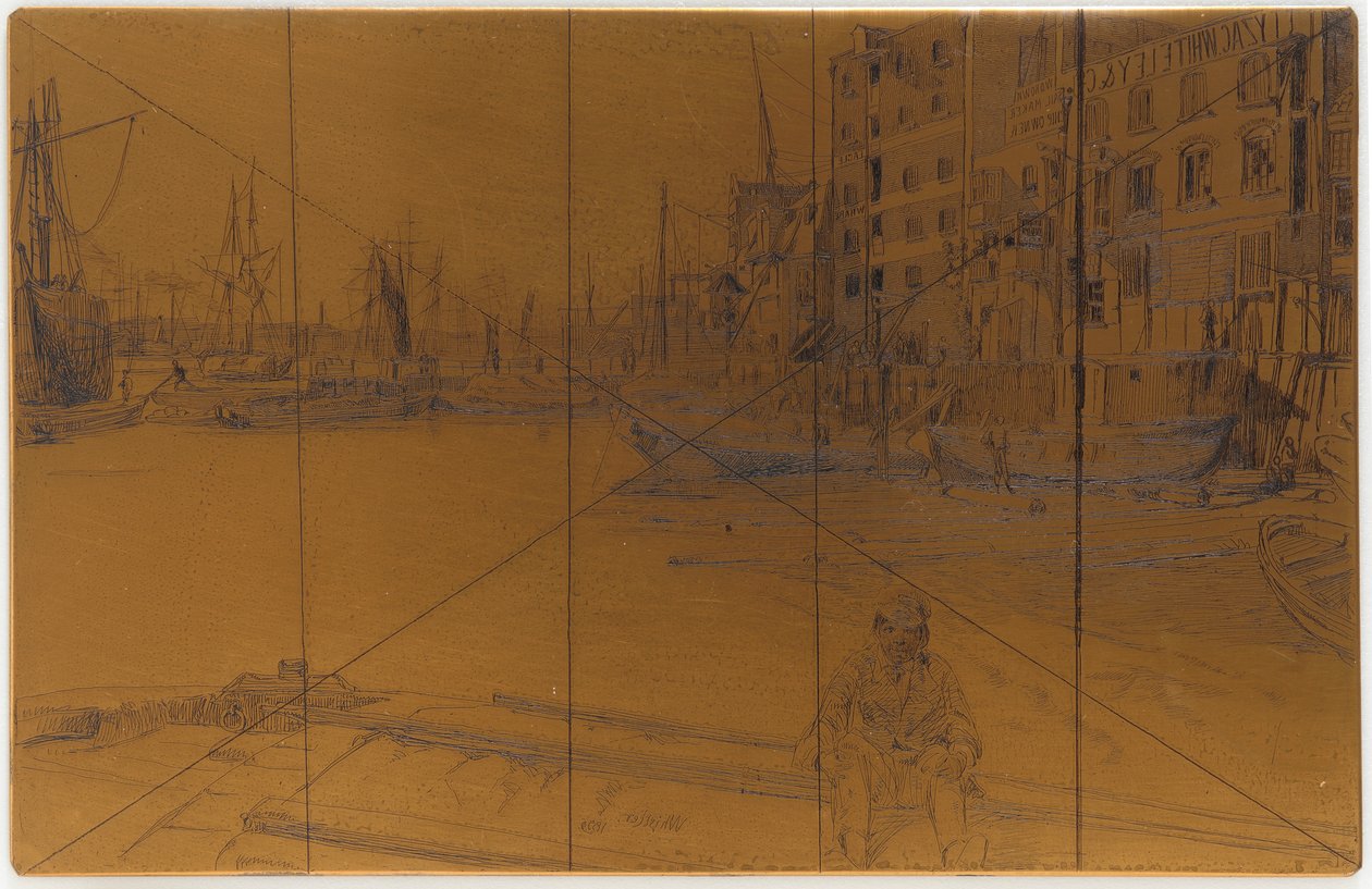 Etsningsplatta: Eagle Wharf Tyzac Whiteley and Co., 1859. av James Abbott McNeill Whistler