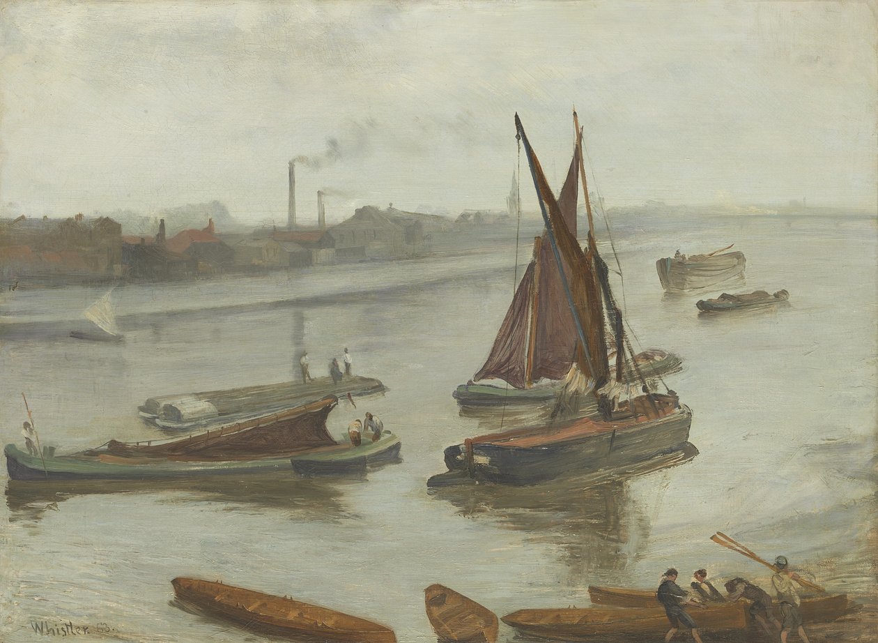 Grå och silver: Old Battersea Reach av James Abbott McNeill Whistler