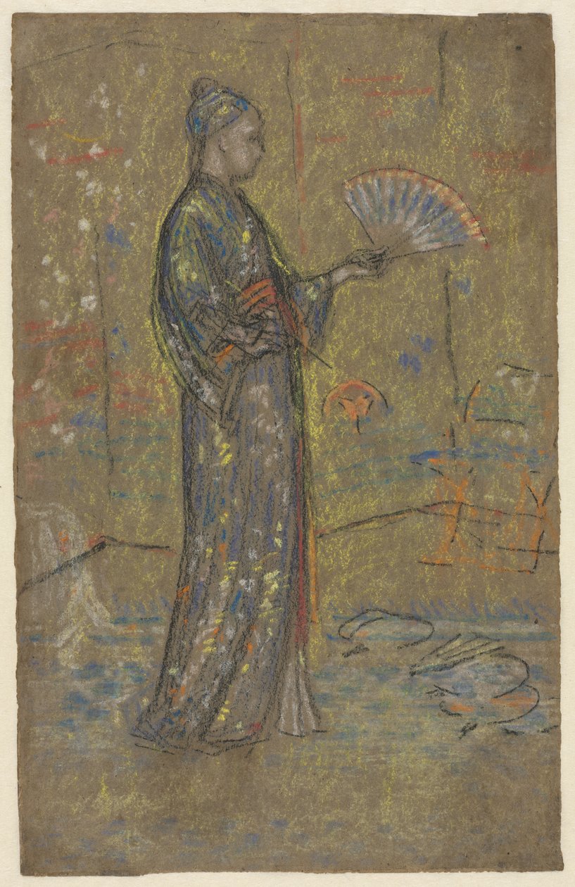 Japansk kvinna som målar en fläkt, ca 1872 (svart krita och pastell) av James Abbott McNeill Whistler