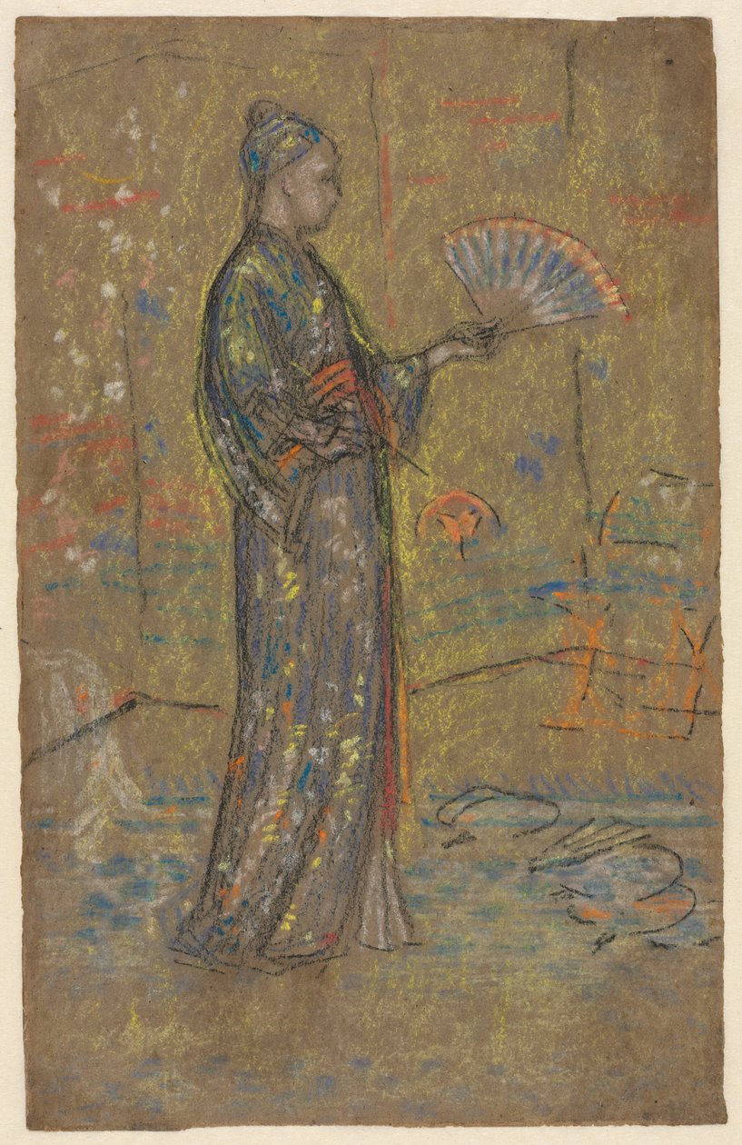 Japansk kvinna som målar en solfjäder recto, stående kvinna som håller upp sin klänning på baksidan, ca. 1872. av James Abbott McNeill Whistler