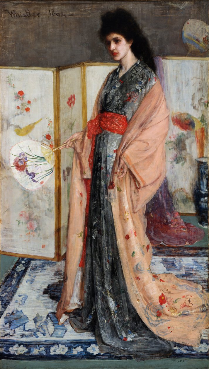 ""Princess of the Land of Porcelain"" (Rose and Silver: The Princess from the Land of Porcelain) Ung kvinna klädd i japansk stil i en kimono, bakom henne en japansk skärm (Japonisme) Målning av James Abbott McNeill Whistler ( 1834- 1903) 1864 Friare av James Abbott McNeill Whistler
